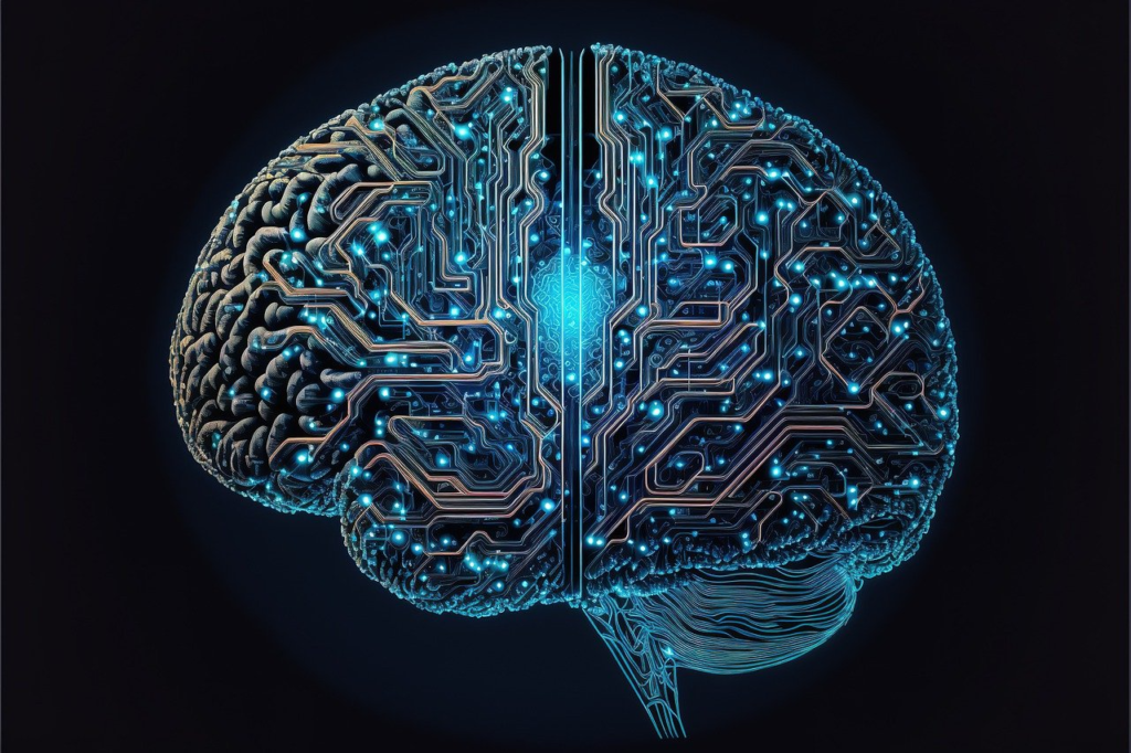 Digital illustration of a brain with circuitry patterns, symbolizing artificial intelligence.